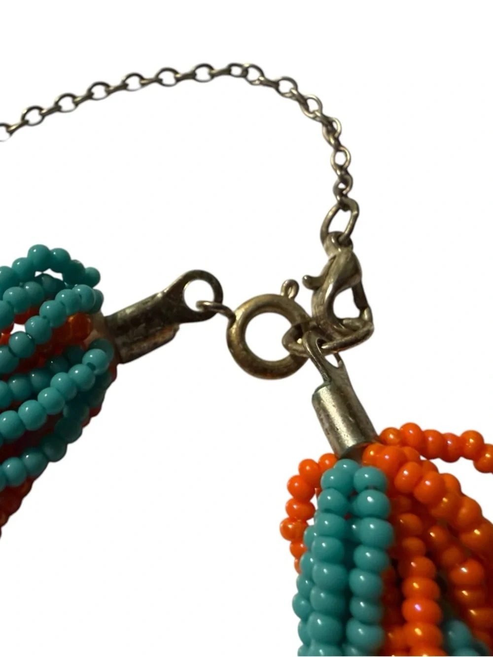 Braided Coral Orange & Teal Blue Beaded Necklace - Adjustable Chain